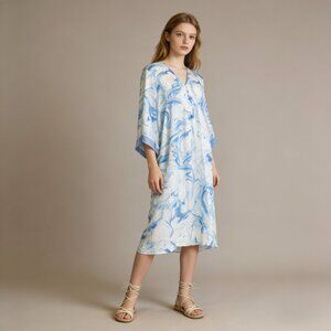 $405 NWOT Johnny Was Embroidered Marble Ocean Silk Kimono Midi Dress Size M Blue
